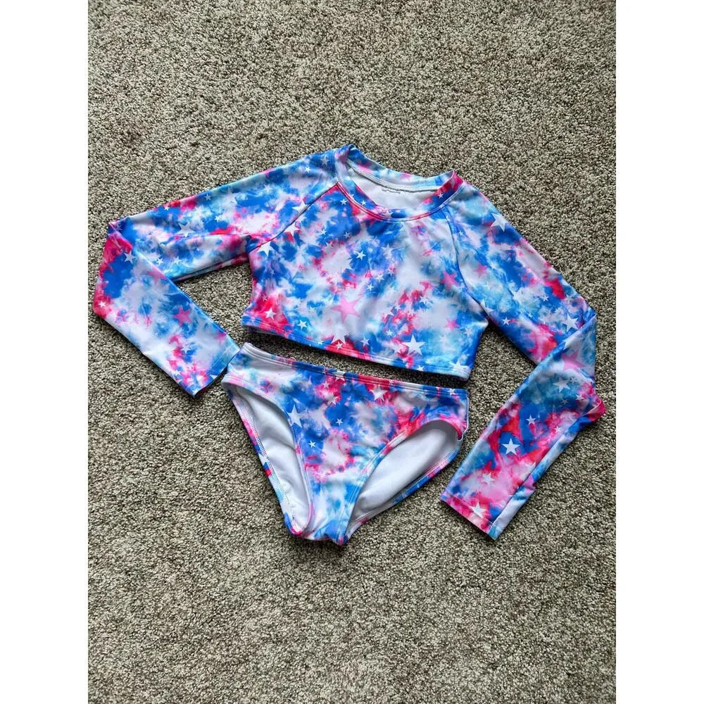 Cat & Jack Americana Tie Dye Rash Guard Bikini, 7/8